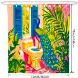 Tropical Peacock and Palm Leaves Shower Curtain, XL